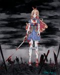  1girl arrow blonde_hair blood blood_on_face blue_cattail bow bowtie gloves green_eyes long_hair open_mouth sartha solo sword tales_of_erin thigh-highs torn_clothes weapon 