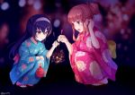  2girls :d :o bangs black_hair blue_kimono blurry blurry_background bow brown_eyes brown_footwear brown_hair commentary_request curcumin depth_of_field eyebrows_visible_through_hair fireworks floral_print girls_und_panzer hair_between_eyes hair_bun hair_tucking hairband hand_up holding japanese_clothes kimono long_hair long_sleeves multiple_girls open_mouth parted_lips pink_bow pink_kimono print_kimono red_eyes reizei_mako senkou_hanabi sidelocks smile sparkler squatting takebe_saori twitter_username very_long_hair white_hairband wide_sleeves yellow_bow yukata zouri 