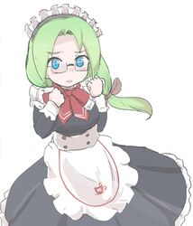  1girl alternate_costume apron black_dress blue_eyes blush bow bowtie cowboy_shot dress enmaided eyebrows_visible_through_hair frilled_dress frills glasses green_hair hair_tie highres japari_symbol kemono_friends kemono_friends_3 long_hair long_ponytail long_sleeves maid maid_apron maid_dress maid_headdress mirai_(kemono_friends) red_neckwear sleeve_cuffs solo white_frills yaguruma_(ygrm0324) 