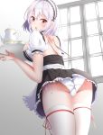  1girl absurdres apron ass azur_lane bangs blush breasts commentary_request core1013 eyebrows_visible_through_hair frilled_apron frills from_behind from_below hair_between_eyes highres holding holding_tray indoors lace-trimmed_hairband large_breasts looking_at_viewer looking_back maid_apron open_mouth panties puffy_sleeves red_eyes red_ribbon ribbon ribbon-trimmed_legwear ribbon_trim short_hair short_sleeves side-tie_panties sirius_(azur_lane) solo thigh-highs tray underwear waist_apron white_apron white_hair white_legwear white_panties window 