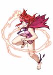 1girl barefoot bodoi cape copyright_name facial_mark fang fire flare_(knights_chronicle) full_body knights_chronicle official_art open_mouth redhead solo violet_eyes white_background 