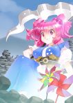  1girl blue_sky breasts clouds commentary_request hair_bobbles hair_ornament mizuki_hitoshi onozuka_komachi pink_eyes pink_hair pinwheel rock scythe short_sleeves sitting sky smile solo touhou twintails 