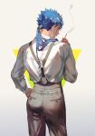  1boy blue_hair cigarette cowboy_shot cu_chulainn_(fate/grand_order) earrings fate/grand_order fate_(series) from_behind grey_pants hand_on_hip highres holding holding_cigarette jewelry lancer long_sleeves looking_back open_mouth pants profile red_eyes shirt short_hair_with_long_locks smile smoke smoking solo suspenders tamomoko triangle white_shirt 