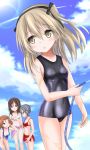  4girls :o azumi_(girls_und_panzer) bangs bikini bikini_shorts black_hair black_ribbon black_school_swimsuit black_swimsuit blue_bikini blue_eyes blue_sky breasts brown_eyes brown_hair commentary_request covered_navel day droplet eyebrows_visible_through_hair front-tie_bikini front-tie_top girls_und_panzer glasses grey_hair hair_ribbon hand_in_hair hand_on_own_knee highres holding holding_hose langley1000 leaning_forward light_brown_eyes light_brown_hair long_hair looking_at_another looking_back megumi_(girls_und_panzer) multiple_girls one-piece_swimsuit one_eye_closed one_side_up open_mouth outdoors partial_commentary purple_sarong red_bikini ribbon rumi_(girls_und_panzer) sarong school_swimsuit shimada_arisu shorts sky small_breasts smile swept_bangs swimsuit white_bikini 