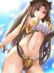  1girl 4min :o absurdres bangs bare_shoulders black_hair breasts commentary_request earrings eyebrows_visible_through_hair fate/grand_order fate_(series) from_below highres ishtar_(fate/grand_order) jewelry large_breasts long_hair looking_at_viewer outdoors parted_bangs red_eyes ribbon solo two_side_up 