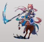  1boy animal_ears armor artist_name blue_cattail brown_hair centaur fur_trim gloves grey_background highres horse_ears injury long_hair low_ponytail pink_eyes polearm renniscan solo spear tales_of_erin water weapon 