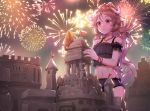  1girl :o aerial_fireworks animal_ears arknights arm_garter bikini black_bikini blush brown_eyes brown_hair curled_horns eyjafjalla_(arknights) fireworks flag frilled_bikini frills highres jewelry long_hair navel necklace night peachpa sand_castle sand_sculpture sheep_ears shovel solo swimsuit very_long_hair 