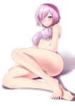  1girl absurdres barefoot bra fate/grand_order fate_(series) frilled_bra frills full_body hair_over_one_eye highres looking_at_viewer mash_kyrielight panties pink_hair purple_bra purple_panties revian_samuel_dani shiny shiny_hair shiny_skin short_hair simple_background solo underwear underwear_only violet_eyes white_background 