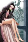  1girl absurdres barefoot black_hair brown_hair floating_hair hair_ribbon haori highres japanese_clothes jomiyabijun kamado_nezuko kimetsu_no_yaiba kimono long_hair looking_at_viewer multicolored_hair pink_eyes pink_kimono pink_ribbon ribbon side_slit sitting solo twitter_username two-tone_hair very_long_hair 