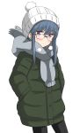  1girl absurdres aikawa_ryou black_legwear blush commentary_request eyebrows_visible_through_hair glasses green_jacket grey_scarf hands_in_pockets highres jacket looking_at_viewer scarf shima_rin simple_background solo white_background white_headwear winter_clothes yurucamp 