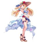 1girl aki_rosenthal alternate_costume arm_up armband armpits bangs blonde_hair breasts collaboration dawn_of_the_breakers detached_hair eyebrows_visible_through_hair floating_hair flower full_body groin hand_on_hip hat hibiscus highres hololive long_hair looking_at_viewer medium_breasts navel official_alternate_costume official_art one_eye_closed open_mouth parted_bangs sandals solo sun_hat swimsuit twintails violet_eyes virtual_youtuber wakaba white_background 
