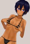  1girl bikini black_bikini black_hair blue_eyes breasts collarbone cowboy_shot gomashi_(goma) grey_background hair_between_eyes looking_at_viewer medium_breasts navel o-ring o-ring_top original short_hair simple_background solo swimsuit under_boob 