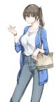  1girl alternate_costume bag batabata0015 brown_eyes brown_hair casual collarbone contemporary handbag highres jewelry kaga_(kantai_collection) kantai_collection necklace pants ring shirt side_ponytail simple_background solo watch watch white_background 