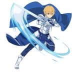  1boy armor blonde_hair blue_eyes blue_pants blue_rose_sword boots eugeo faulds gauntlets hair_between_eyes highres holding holding_sword holding_weapon looking_at_viewer male_focus official_art pants parted_lips shoulder_armor solo spaulders sword sword_art_online transparent_background weapon white_footwear 