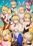 6+girls absurdres ahoge animal_ears artoria_pendragon_(all) artoria_pendragon_(swimsuit_ruler)_(fate) asymmetrical_hair bangs black_leotard blonde_hair blue_eyes blue_legwear blue_leotard blue_neckwear blush braid breasts bunnysuit detached_collar earrings fate/apocrypha fate/extra fate/extra_ccc fate/grand_order fate/stay_night fate/unlimited_codes fate_(series) feather_boa fishnet_pantyhose fishnets french_braid green_eyes green_leotard hair_ornament highleg highleg_leotard highres jewelry koha-ace large_breasts leotard long_hair looking_at_viewer medium_breasts miyamoto_musashi_(fate/grand_order) mordred_(fate) mordred_(fate)_(all) multiple_girls navel_cutout nero_claudius_(bride)_(fate) nero_claudius_(fate) nero_claudius_(fate)_(all) okita_souji_(fate) okita_souji_(fate)_(all) open_mouth pantyhose peachpa pink_hair poker_chip ponytail rabbit_ears red_leotard red_scrunchie saber saber_alter saber_lily scrunchie short_hair sidelocks small_breasts smile swept_bangs tiara white_leotard wrist_cuffs yellow_eyes 