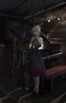  1girl alternate_costume an-94_(girls_frontline) black_dress black_footwear black_gloves blue_eyes breasts chinese_commentary closed_mouth cup dress full_body girls_frontline gloves grey_hair holding holding_cup instrument light_particles long_dress looking_at_viewer mai_(xskdizzy) medium_hair piano shadow small_breasts standing 