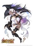 1girl absurdres belt bird boots braid copyright_name crow crown dark_skin elizabeth_(knights_chronicle) feathered_wings full_body gloves high_heel_boots high_heels highres knights_chronicle long_hair official_art pointy_ears solo soyoong_jun teeth twin_braids white_hair wings 