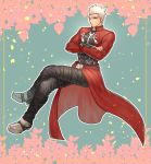  1boy archer black_pants cape closed_mouth crossed_arms crossed_legs fate/stay_night fate_(series) grey_eyes highres invisible_chair kmk long_sleeves male_focus one_eye_closed pants petals red_cape silver_hair sitting waist_cape 
