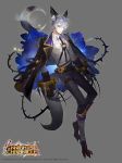  1boy absurdres animal_ears bandages blue_eyes copyright_name fingerless_gloves full_body gloves grey_background grey_hair hair_over_one_eye highres ian_(knights_chronicle) knights_chronicle moon nail official_art solo sparkle tail thorns wolf_ears wolf_tail yon_(yonana) 