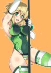  1girl akatsuki_kirika aoi_manabu armpits arms_up blush breasts commentary_request covered_navel green_eyes green_leotard large_breasts leotard looking_at_viewer open_mouth orange_background pole pole_dancing senki_zesshou_symphogear shiny shiny_hair shiny_skin short_hair skin_tight smile solo standing striped striped_legwear stripper_pole teeth thigh-highs 