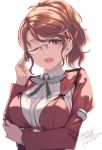  1girl 2019 adjusting_eyewear aquila_(kantai_collection) aquila_(symbol) bespectacled breasts brown_eyes dated epaulettes glasses hair_ornament hairclip jacket kantai_collection large_breasts looking_at_viewer medium_hair one_eye_closed open_mouth red_jacket redhead rokuwata_tomoe shirt sidelocks simple_background solo tied_hair twitter_username upper_body white_background white_shirt 