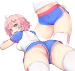  1girl :d ahoge ass bed_sheet blue_eyes blue_shorts blush boyshorts braid breasts commentary_request dan_(kumadan) eyebrows_visible_through_hair fang from_behind hair_ornament highres looking_at_viewer looking_back lying medium_breasts multiple_views navel on_stomach open_mouth original panties panty_peek pink_hair raglan_sleeves red_panties revision shirt short_hair short_shorts shorts sidelocks smile thigh-highs thighs twitter_username underwear white_background white_legwear white_shirt x_hair_ornament 