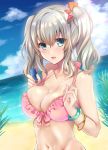  1girl alternate_costume beach blue_eyes blue_sky blush breasts clouds gomi_(hentai66) gradient_sky kantai_collection kashima_(kantai_collection) large_breasts looking_at_viewer navel ocean open_mouth pink_bikini_top sidelocks silver_hair sky smile solo swimsuit twintails wavy_hair 