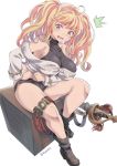  1girl ahoge belt blonde_hair blush boots breasts granblue_fantasy highres large_breasts monica_weisswind open_mouth scabbard sheath shorts simple_background sitting solo sword vinhnyu wavy_hair weapon 