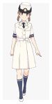  1girl alternate_costume bangs black_neckwear blue_legwear brown_eyes brown_hair commentary_request dress female_service_cap full_body hat highres kantai_collection kneehighs looking_at_viewer low_twintails military military_uniform naval_uniform necktie parted_bangs shirayuki_(kantai_collection) short_hair short_twintails smile solo standing striped striped_background tanaka_io_(craftstudio) twintails uniform white_background white_footwear white_headwear 