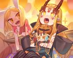  absurdres blush cup facial_mark fang fang_out fate/grand_order fate_(series) fingernails flat_chest forehead_mark hair_ornament halloween highres horns ibaraki_douji_(fate/grand_order) japanese_clothes kimono long_hair oni oni_horns open_mouth paul_bunyan_(fate/grand_order) pointy_ears pumpkin purple_kimono sakazuki sharp_fingernails short_hair ssangbong-llama tattoo teeth very_long_hair yellow_eyes yellow_kimono 