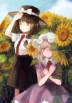 2girls arm_up black_headwear black_skirt blonde_hair blue_sky blush bow breasts brown_eyes brown_hair clouds commentary_request day dress feet_out_of_frame field flower flower_field hair_bow hat hat_bow highres maribel_hearn mob_cap mozukuzu_(manukedori) multiple_girls neck_ribbon necktie one_eye_closed one_eye_covered outdoors parted_lips purple_dress red_neckwear red_ribbon ribbon shirt short_hair short_sleeves skirt sky small_breasts standing sunflower touhou usami_renko violet_eyes white_bow white_headwear white_shirt 