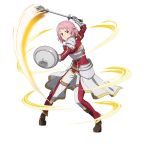  1girl bangs brown_footwear cape hair_ornament hairclip highres holding holding_shield lisbeth_(sao-alo) long_sleeves mace official_art panties pointy_ears red_eyes red_shirt shield shirt shoulder_armor solo standing swept_bangs sword_art_online transparent_background underwear waist_cape weapon white_cape white_panties 