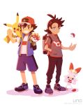  2boys artist_name backpack bag black_hair blue_hair briefcase brown_eyes closed_mouth dark_skin gen_1_pokemon gen_8_pokemon gou_(pokemon) grey_footwear hand_in_pocket highres hood hoodie male_focus multiple_boys poke_ball poke_ball_(generic) pokemon pokemon_(anime) pokemon_(creature) pokemon_on_shoulder pokemon_swsh_(anime) red_legwear satoshi_(pokemon) shoes short_sleeves simple_background smile sneakers socks twitter_username uno_yuuji vest white_background 