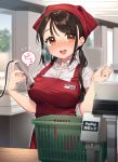  1girl apron bangs basket blush breasts brown_eyes brown_hair commentary_request eyebrows_visible_through_hair heart highres indoors large_breasts long_hair original ponytail red_apron red_headwear sakura_yuki_(clochette) scanner shirt smile solo translated upper_teeth white_shirt 