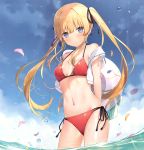  1girl 6u_(eternal_land) a-1_pictures absurdres bare_shoulders bikini blonde_hair blue_eyes blue_sky breasts breasts_apart closed_mouth clouds collarbone cropped_jacket day drawstring floating_hair groin hair_ribbon halterneck hat highres jacket kadokawa_shoten long_hair looking_at_viewer medium_breasts multi-strapped_bikini navel off_shoulder open_clothes open_jacket outdoors petals red_bikini ribbon saenai_heroine_no_sodatekata sawamura_spencer_eriri scan side-tie_bikini sidelocks sky solo square_enix standing stomach sun_hat swimsuit thighs twintails twitter_username wading water white_jacket 