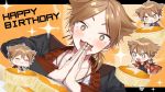  +_+ 1boy :3 :d :i bangs black_jacket black_shirt blue_pants blush brown_eyes brown_hair chibi closed_eyes closed_mouth commentary_request drooling eating eyebrows_visible_through_hair fingernails floral_print food fushimi_gaku hair_between_eyes hands_together happy_birthday jacket jewelry loafers long_sleeves magatama_necklace male_focus mouth_drool multiple_views nijisanji open_clothes open_jacket open_mouth own_hands_together palms_together pants parted_bangs print_jacket red_jacket ring saliva shirt shoes smile sparkle v-shaped_eyebrows virtual_youtuber white_footwear white_shirt yamabukiiro 