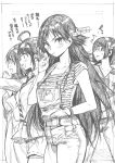  /\/\/\ 4girls :d absurdres ahoge alternate_hair_length alternate_hairstyle bangs breasts candy casual collarbone contemporary cowboy_shot eating eyebrows_visible_through_hair food glasses greyscale haruna_(kantai_collection) headgear hiei_(kantai_collection) highres kantai_collection kirishima_(kantai_collection) kojima_takeshi kongou_(kantai_collection) lollipop long_hair medium_breasts miniskirt monochrome multiple_girls open_mouth overalls pants shirt short_sleeves skirt smile solo_focus striped striped_shirt sweat traditional_media translated turn_pale v-shaped_eyebrows very_long_hair wristband 