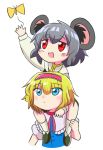  2girls alice_margatroid animal_ears blonde_hair blue_eyes bug butterfly carrying chibi commentary cookie_(touhou) grey_hair highres ichigo_(cookie) insect mouse_ears multiple_girls nazrin nicoseiga61439696 nyon_(cookie) red_eyes shoulder_carry touhou white_background 