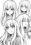  1girl blush_stickers closed_eyes closed_mouth fire_emblem fire_emblem:_three_houses garreg_mach_monastery_uniform greyscale long_hair long_sleeves lysithea_von_ordelia monochrome multiple_views open_mouth simple_background smile tenchan_man uniform white_background 