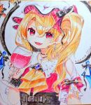  1girl adapted_costume arm_up black_choker blonde_hair brooch choker colored_pencil_(medium) commentary_request cravat cross cross_earrings cross_necklace cup dated drinking_glass earrings fangs fingernails flandre_scarlet gunjou_row hair_between_eyes hat hat_ribbon head_tilt holding holding_cup jewelry looking_at_viewer mob_cap necklace open_mouth raglan_sleeves red_eyes red_nails red_vest red_wine ribbon shikishi shirt short_hair short_sleeves side_ponytail simple_background slit_pupils solo touhou traditional_media underbust vest white_background white_headwear white_shirt wine_glass wings wrist_cuffs yellow_neckwear 