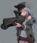  1girl aimpoint assault_rifle commentary_request flat_chest g11_(girls_frontline) girls_frontline green_headwear green_jacket grey_background gun h&amp;k_g11 hair_between_eyes jacket looking_at_viewer rifle scarf_on_head silver_hair soguma translation_request weapon 