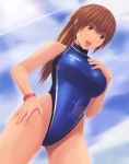  1girl blue_sky blue_swimsuit bracelet breasts clouds commentary_request competition_swimsuit covered_navel cowboy_shot dead_or_alive from_below hand_on_hip highleg highleg_swimsuit jewelry kasumi_(doa) large_breasts lens_flare one-piece_swimsuit open_mouth sky smile solo standing swimsuit turtleneck upper_teeth yoshinobu 