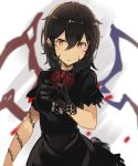  1girl asymmetrical_wings bangs black_dress black_hair blue_wings blush bow bowtie breasts commentary dress eyebrows_visible_through_hair hair_between_eyes hand_up highres houjuu_nue looking_at_viewer medium_breasts parted_lips red_bow red_eyes red_neckwear red_wings rin_falcon short_hair short_sleeves simple_background solo touhou upper_body white_background wings 