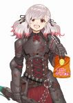  1girl alternate_costume armor bag bandolier blood blood_splatter blood_stain chips commentary_request english_text food girls_frontline gun highlights highres multicolored_hair numazume orange_eyes pink_hair potato potato_chips shotgun shotgun_shells solo spas-12 spas-12_(girls_frontline) two-tone_hair upside-down_text weapon white_hair yandere 