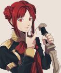  1girl bangs bow dagger eyebrows_visible_through_hair fingernails fire_emblem fire_emblem:_three_houses garreg_mach_monastery_uniform grin hair_bun knife long_sleeves looking_at_viewer monica_von_ochs pink_background red_eyes redhead rem_sora410 reverse_grip short_hair simple_background smile solo teeth uniform upper_body weapon 