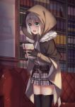  1girl absurdres bangs black_gloves black_legwear blush book cape cloak commentary_request couch eyebrows_visible_through_hair fate/grand_order fate_(series) fur_trim gift gloves gray_(lord_el-melloi_ii) green_eyes grey_hair hair_between_eyes highres holding holding_gift hood hood_up jmao long_hair long_sleeves looking_at_viewer lord_el-melloi_ii_case_files short_hair skirt solo thigh-highs 