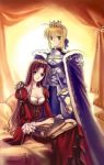  armor book breasts cape cleavage crown dress fate/stay_night fate_(series) hair_down hat multiple_girls saber tohsaka_rin toosaka_rin 