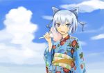  bow cirno cloud fan japanese_clothes kimono paper_fan ruit sky solo sweatdrop touhou uchiwa 