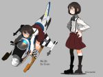  1girl ace_of_spades airplane_wing boots brown_hair commentary_request frilled_shirt frills green_eyes grey_background hands_on_hips kitsuneno_denpachi nose_art original pleated_skirt shirt short_hair skirt smiley_face snowmobile socks solo suspenders white_shirt wings 