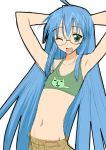  arms_up bespectacled blue_hair flat_chest glasses green_eyes izumi_konata kusaka kusaka_souji long_hair lucky_star midriff tank_top wink 